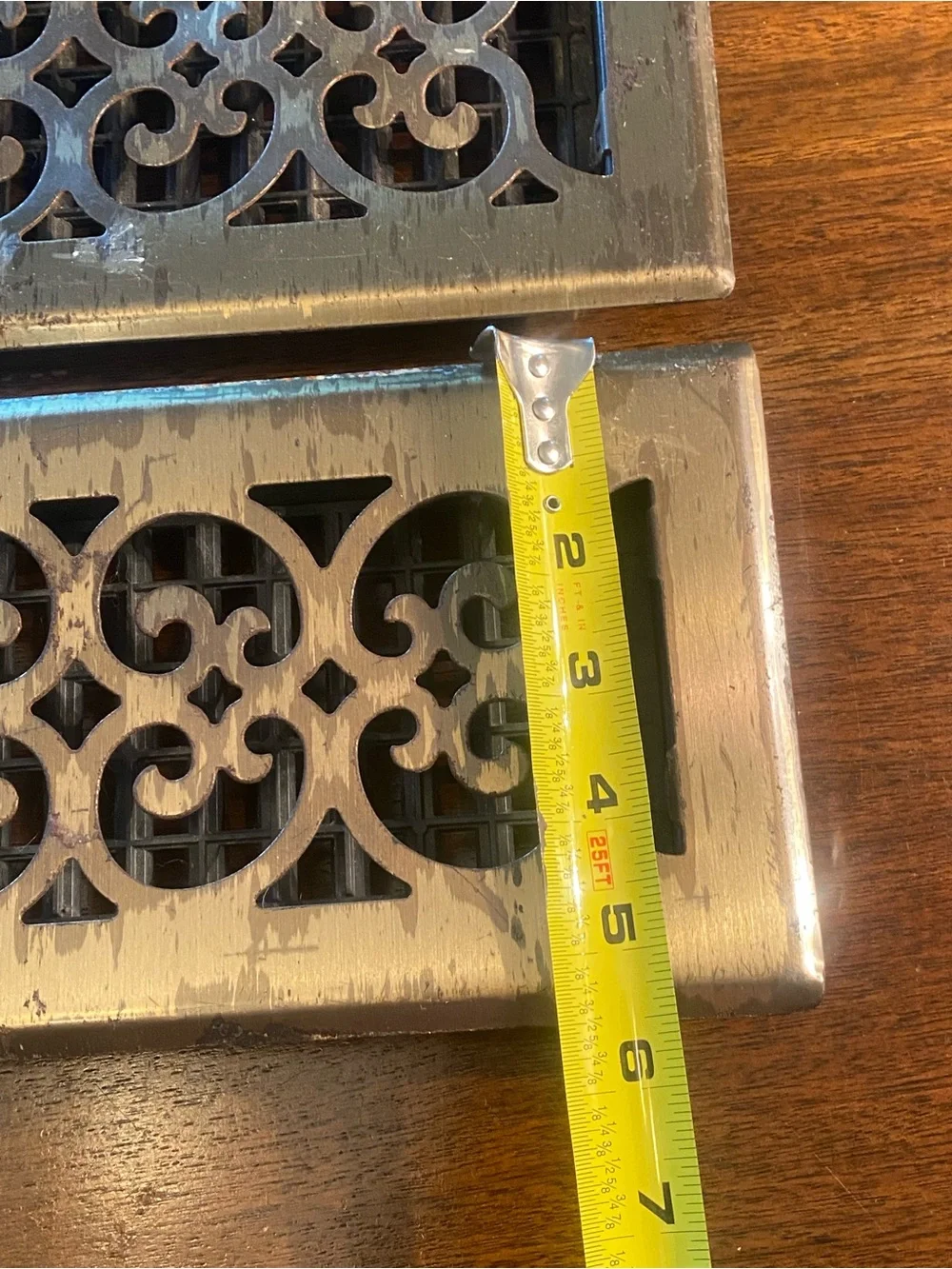 Pair Vintage Ornate Metal 4x10 Floor Registers Scroll Grille Heat Vents
